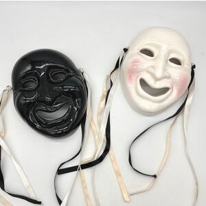 Vintage Price Products Ceramic Comedy Tragedy Theater Masks Black White Glossy